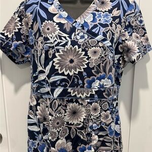Floral Wrap-Style Women’s Top in Navy and Blue Scrub Top